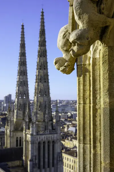 The Tour Pey Berland gözlem güvertesinden bir hava görüntüsü. Cathedrale Saint-Andre 'nin Gotik kuleleri. Önünde taş heykeller var. Bordeaux, Gironde, Yeni Akitanya, Fransa.