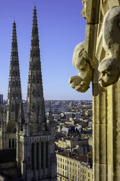 The Tour Pey Berland gözlem güvertesinden bir hava görüntüsü. Cathedrale Saint-Andre 'nin Gotik kuleleri. Önünde taş heykeller var. Bordeaux, Gironde, Yeni Akitanya, Fransa.