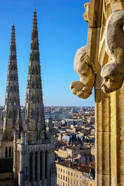 The Tour Pey Berland gözlem güvertesinden bir hava görüntüsü. Cathedrale Saint-Andre 'nin Gotik kuleleri. Önünde taş heykeller var. Bordeaux, Gironde, Yeni Akitanya, Fransa.
