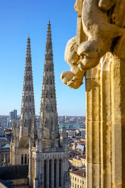 The Tour Pey Berland gözlem güvertesinden bir hava görüntüsü. Cathedrale Saint-Andre 'nin Gotik kuleleri. Önünde taş heykeller var. Bordeaux, Gironde, Yeni Akitanya, Fransa.