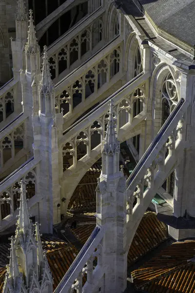Saint-Andre Katedrali Gotik çatı çizgisi, uçan payandalar, kuleler ve karmaşık mimari detaylar. The Tour Pey Berland gözlem güvertesinden görüntü. Bordeaux, Gironde, Yeni Aquitaine, Fransa.