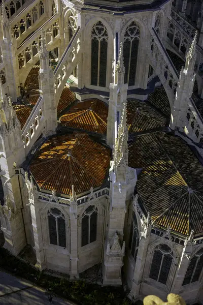 Saint-Andre Katedrali Gotik çatı çizgisi, uçan payandalar, kuleler ve karmaşık mimari detaylar. The Tour Pey Berland gözlem güvertesinden görüntü. Bordeaux, Gironde, Yeni Aquitaine, Fransa.