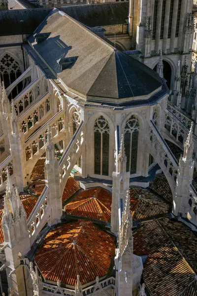 Saint-Andre Katedrali Gotik çatı çizgisi, uçan payandalar, kuleler ve karmaşık mimari detaylar. The Tour Pey Berland gözlem güvertesinden görüntü. Bordeaux, Gironde, Yeni Aquitaine, Fransa.