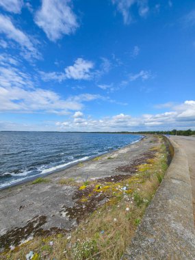 Dalgalı yüzeyi olan büyük bir su kütlesi, Vyshhorod yakınlarındaki Kyiv Barajı 'nın sol kıyısında yer alan üst kenarı boyunca uzanan çim ve molozlarla kaplı eğimli bir kıyıya sınırdır..