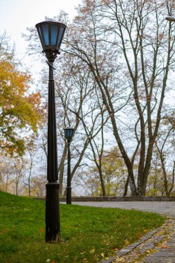 Çimenli yamaçlar ve sonbahar ağaçlarıyla çevrili iki karanlık sokak lambası olan eğimli kaldırım taşı yolu, Kyiv 'deki Eski Kyiv Tepesi' ndeki Peyzaj Sokağı 'nın başlangıcını simgeliyor..