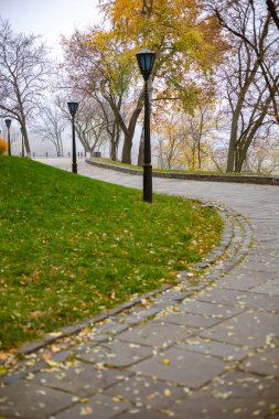 Çimenli yamaçlar ve sonbahar ağaçlarıyla çevrili iki karanlık sokak lambası olan eğimli kaldırım taşı yolu, Kyiv 'deki Eski Kyiv Tepesi' ndeki Peyzaj Sokağı 'nın başlangıcını simgeliyor..