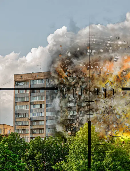 Sivillerin ölümü. Savaş suçları. Hedeflenen bina bombalandı. Yıkılmış bina. Fotoğraf değiştirmesi.