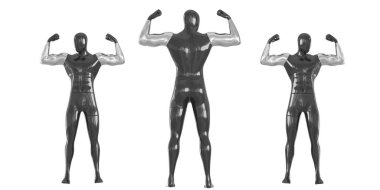 Soyut, parlak bir manken. Erkek manken üçlüsü. Üç güçlü erkek manken. Arkadan ve önden. 3d oluşturma