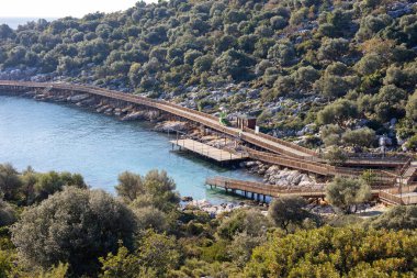 Ahşap iskelesi ve yeşilliği olan tenha bir koy.