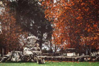 Ancient stone ruins with autumn foliage in background