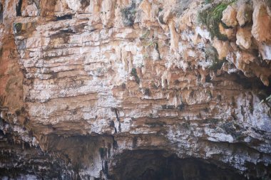 Çatlaklar ve çatlaklar arasında yosun parçalarının büyüdüğü, belirgin yatay taş katmanlarının yer aldığı bir kaya duvarının yakın görüntüsü..