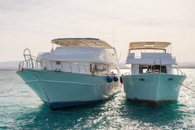 Sakin bir kıyı şeridinde sakin mavi sulara demirlemiş ikiz tekneler.