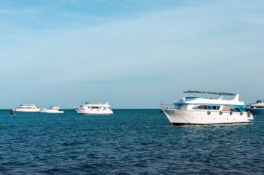 Sakin yatlar berrak gökyüzünün altında berrak mavi denizlerde