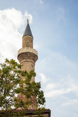 Gökyüzüne uzanan tarihi minare önplanda canlı yeşil yeşilliklerle.