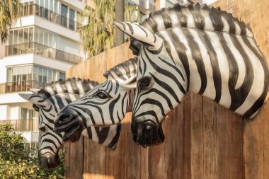 Şehir ortamında tahta çitin üzerindeki Zebra kafası heykelleri.