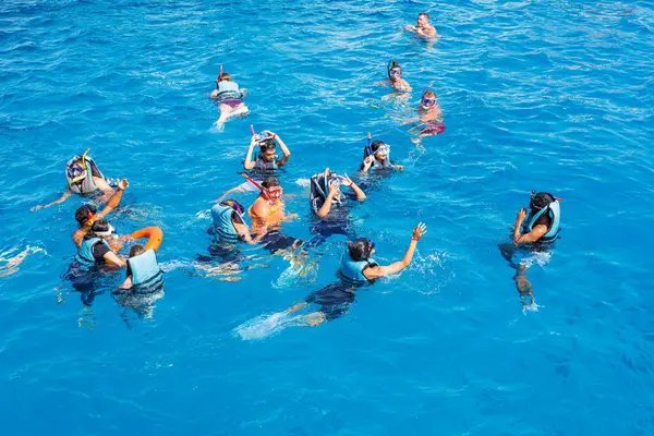 Hürghada, Mısır 'da açık Kızıldeniz' de şnorkelle yüzen grup, Ağustos 2025.