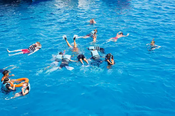 Hürghada, Mısır 'da açık Kızıldeniz' de şnorkelle yüzen grup, Ağustos 2025.