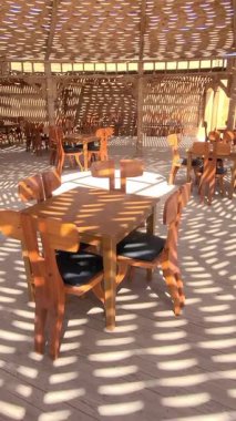 Benzersiz tavan tasarımlı ahşap kafe.