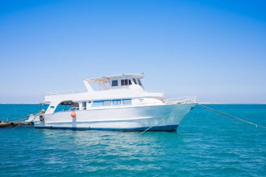 Açık mavi okyanusta demirli beyaz bir yat..