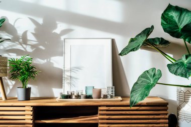 Modern minimalist İskandinav tarzı iç tasarımı beyaz poster modeli, mumlar ve tropikal yeşil ev bitkileri güneş ışığı altında ve gri bir duvarda gölgeler. Seçici odak
