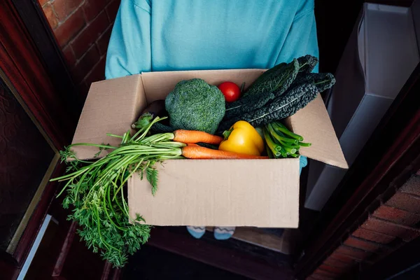 Home Fresh Food Delivery Woman Holding Cardboard Box Vegetables Fruits — Stock Photo, Image