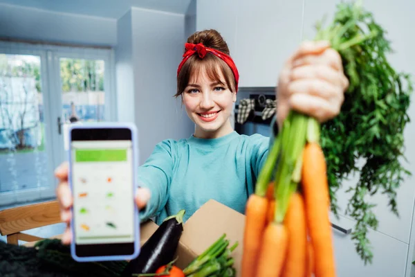 Online Home Food Delivery Woman Holding Phone Active App Online — Stock Photo, Image
