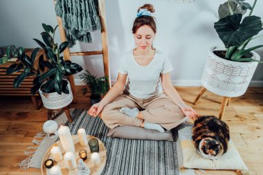 Genç, sağlıklı bir kadın evde meditasyon yapıyor. Nilüfer pozisyonunda oturuyor. Modern Scandi 'nin evindeki rahat kedi evcil hayvanıyla birlikte. Meditasyon, rahatlama, gözler kapalı. Seçici odak.