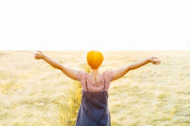 Buğday tarlasında gün batımında arka plan kadını. Kollar göğe yükseldi, özgürlüğü kutluyorlar. Olumlu duygular, hayatı hissetmek, iç huzuru. Akıl sağlığı muayenehanesi. Doğa gevşemesi. Seçici odak