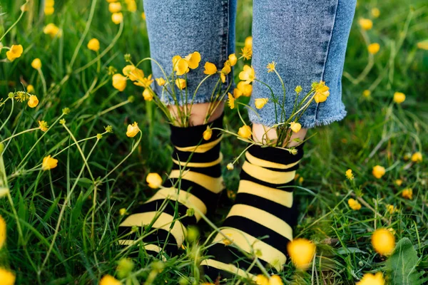 ジーンズをはいた女性の足を閉じて 草原の緑の芝生の上に立って花と黒と黄色の靴下を縞模様 蜂の保護 開花期 創造性の概念 — ストック写真