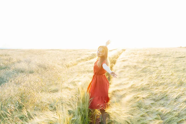 夕暮れ時には小麦畑で腕をリラックスしている幸せな若い女性 自由を祝う 肯定的な感情の生活 心の平和を感じる 精神衛生の練習 自然のリラックス 選択的焦点 — ストック写真