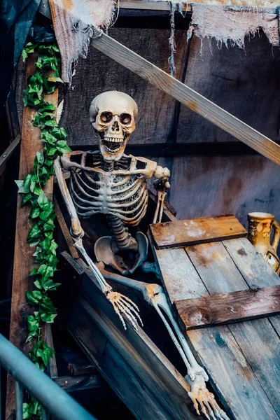 Εξωτερική Διακόσμηση Για Halloween Σκελετοί Βγαίνουν Από Διάφορα Ξύλινα Χαλάσματα — Φωτογραφία Αρχείου