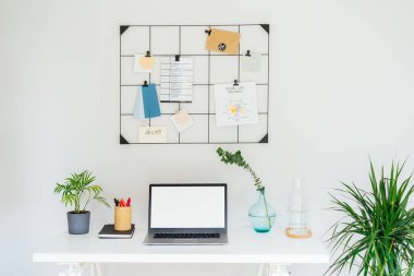 Modern Çağdaş iş yeri - dizüstü bilgisayarlı beyaz masa boş ekran, şebeke ruh hali tahtası iğnelenmiş notlar ve planlar, yeşil santraller, ofis içi çalışma odasındaki ofis malzemeleri.