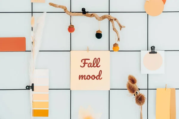 Close up grid mood board with Fall Mood lettering and orange colors palette notes and natural decor. Autumn inspiration and cozy hygge mood on working place. Gradient of warm shades of fall