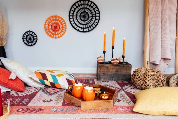 Decorated Cozy Autumn Interior Relax Fall Holidays Comfy Floor Location — Stock Photo, Image