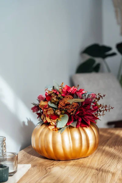 Autumn Bouquet Bright Artificial Flowers Golden Pumpkin Vase Candles Wooden — Stock Photo, Image