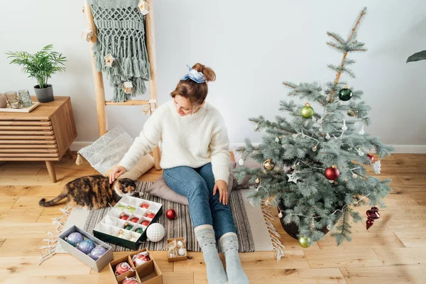 Rahat süveter giyen genç bir kadın, modern İskandinav evindeki saksı Noel ağacını süslerken kedisini okşuyor. Çevre dostu kış tatili. Evcil hayvan evde. Seçici odak