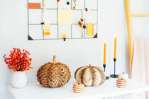 Cozy Autumn Home Interior Decor Various Decorative Wicker Pumpkins Candles — Stock Photo, Image
