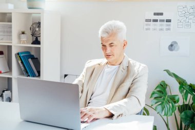 Merkez ofisteki iş yerinde otururken laptopta çalışan, orta yaşlı, yoğun gri saçlı bir adam. Kendinden emin, tecrübeli, profesyonel bir erkek. Küçük işletme girişimcisi işletmeyi yönetir.