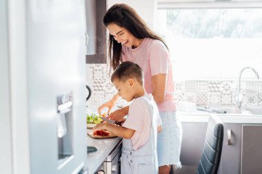 Sevgi dolu genç bir anne, anaokulu çocuğuna evde sağlıklı yemek ya da salata hazırlıyor, modern mutfakta çocukla birlikte yemek pişiren mutlu bir anne, annesiyle yemek hazırlayan bir çocuk.