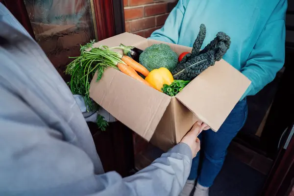 Home fresh food delivery. Woman taking cardboard box with vegetables and fruits. Support local farmer food production. New Start of a healthy life, weight loss concept. Online food order. Recipe box.