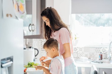 Sevgi dolu genç bir anne, anaokulu çocuğuna evde sağlıklı yemek ya da salata hazırlıyor, modern mutfakta çocukla birlikte yemek pişiren mutlu bir anne, annesiyle yemek hazırlayan bir çocuk..