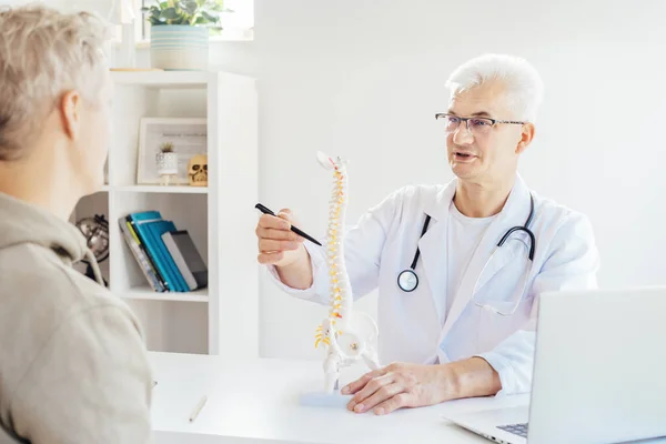 Middle aged male doctor pointing on human spine model with a pen and explaining patient his problem in medical clinic. Spinal healthcare and back pain treatment concept. Selective focus, copy space.