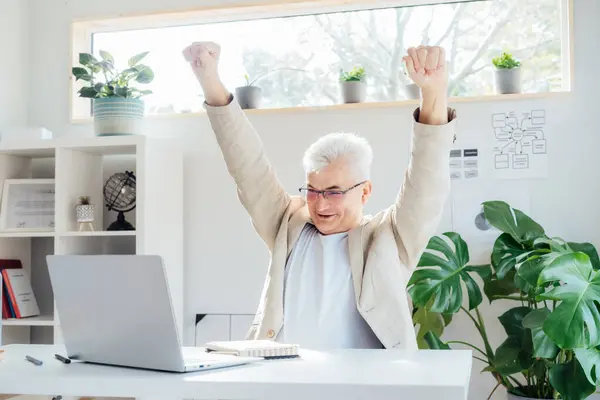 Excited happy middle aged gray hair man feeling winner rejoiing online win got new job opportunity, overjoyed motivated male doing yes gesture, receive good results on pc celebrating admission