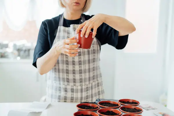 Mutfağındaki Çömleklere Çıkartma Yapıştıran Kadın Yeni Mutfak Bahçesi Sezonu Için — Stok fotoğraf