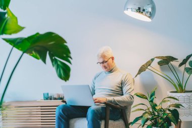 Evde koltukta otururken dizüstü bilgisayarda çalışan, orta yaşlı, yoğun gri saçlı bir adam. Kendinden emin, tecrübeli, profesyonel bir erkek. Küçük işletme girişimcisi evde iş yönetir.