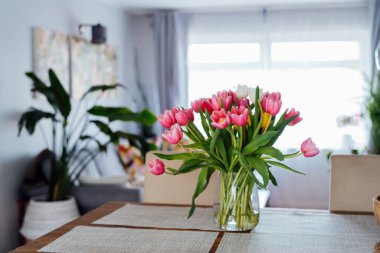 Mutfak tezgahında, üzerinde kocaman çok renkli laleler bulunan vazo sehpası var. Arka planda, kanepe ve yeşil bitkilerle modern rahat oturma odasının bulanık arkaplanı var. Açık alan ev iç tasarımı