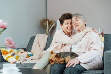 70 'lerin mutlu anne portresi, yetişkin tarafsız kız ve Yorkshire Teriyerlerinin köpek kucaklaması. Mutlu bir aile birlikte oturma odasında hafta sonunun tadını çıkarıyor. Emeklilik evinde kaliteli zaman geçirmek