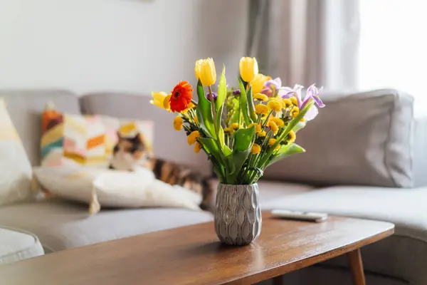 グレーソファーとリラックスした猫のペットとモダンな居心地の良いリビングルームの輝かしい背景を持つコーヒーテーブル上の多色の花の花瓶 オープンスペースのホームインテリアデザイン 居心地の良いホームムード コピースペース ストックフォト
