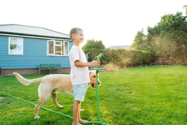 笑得开心的男孩和他的狗在玩洒水软管 夏天的花园对孩子们来说是户外的乐趣 男孩在后院里阳光灿烂的炎热天气里泼水 快乐活跃的童年 有选择的重点 图库图片