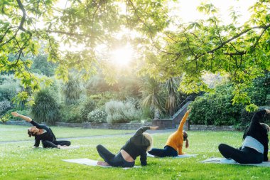 Park 'ta kadın yoga dersi. Bir grup farklı kadın esneme pozu veriyor yeşil çimlerin üzerinde eğitmenle birlikte egzersiz yapıyorlar. Sağlık, refah ve akıl sağlığı için spor faaliyetleri. Seçici odak.